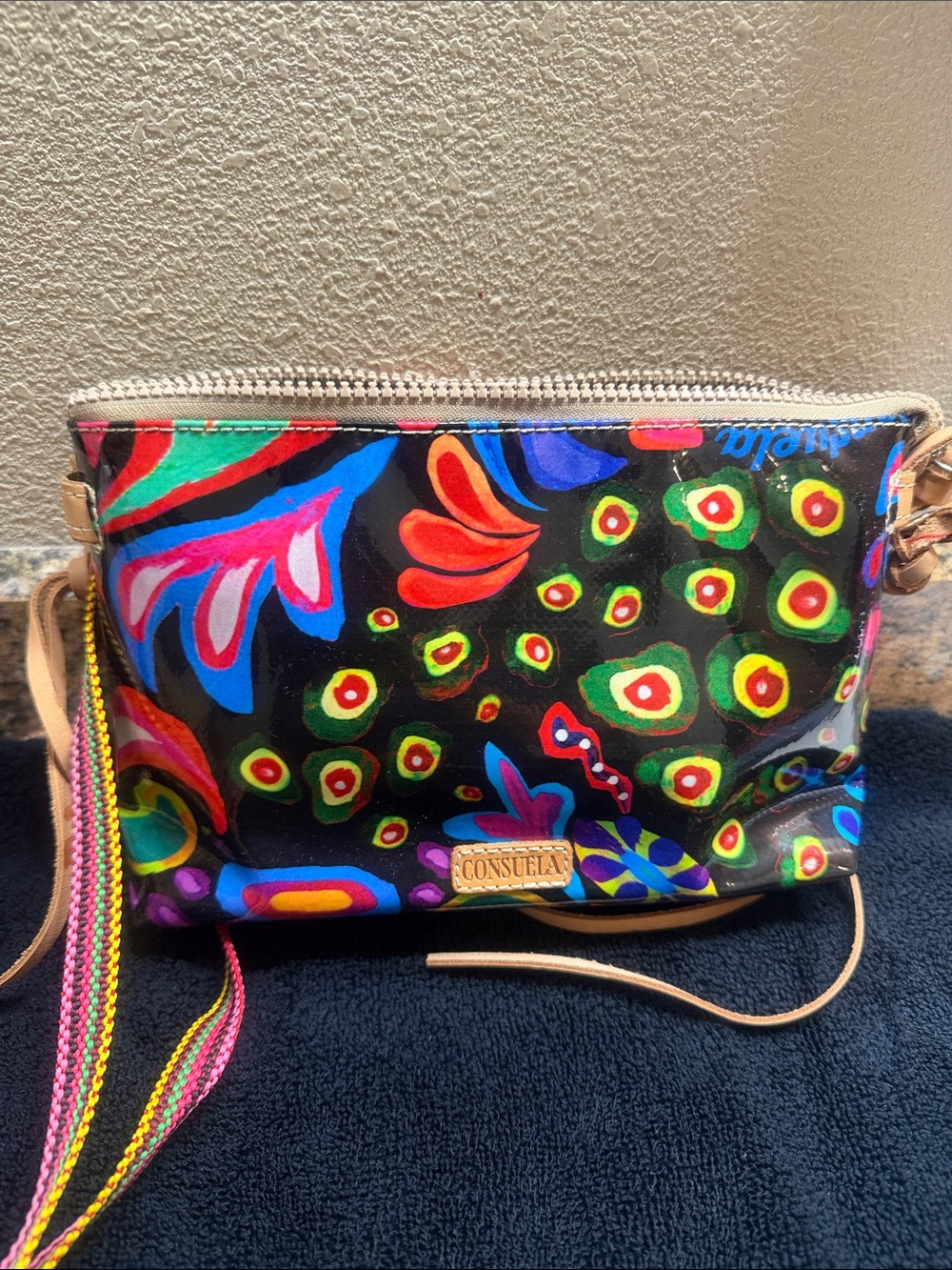 Consuela Black Multi Floral Painted Crossbody with Colorful Strap